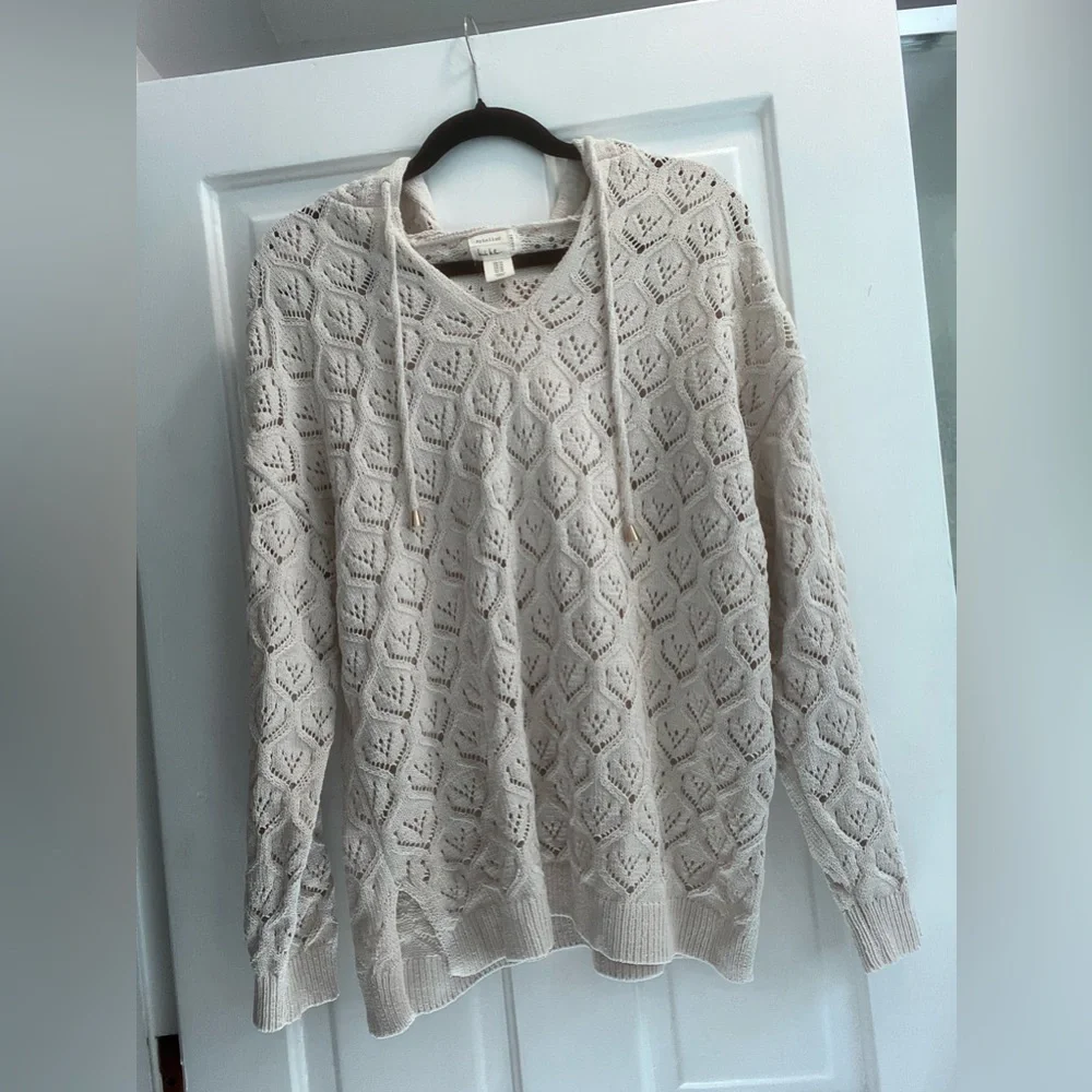 New no tag Artelier Nicole Miller Ivory beige Crochet Hooded Knit Sweater  1x - Picture 5 of 13